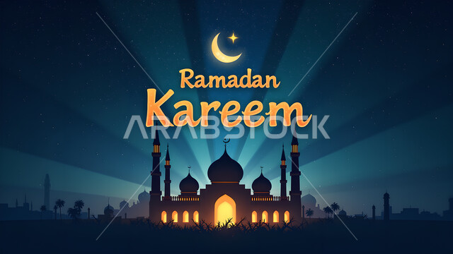 Ornate Ramadan greeting card with drawings of mosques, domes and minarets, Islamic religious occasions and holidays, Ramadan Kareem manuscript in authentic Arabic calligraphy, phrases and texts in the Arabic language, background of a sky full of stars