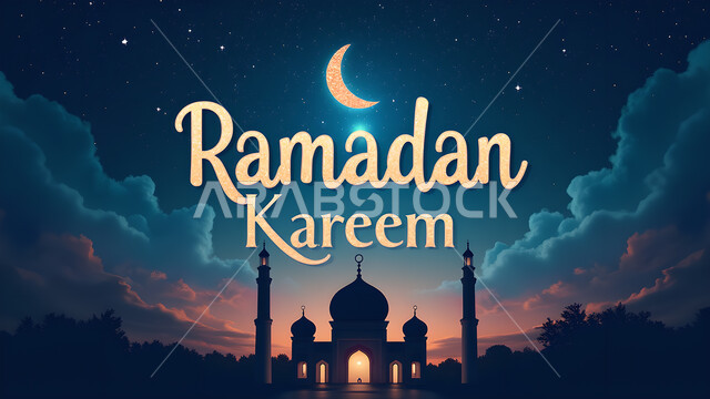 بطاقة تهنئة رمضانية مزخرفه مع رسوم للمساجد والقبب والمآذن, مناسبات و أعياد دينية اسلامية, مخطوطة رمضان كريم بالخط العربي الاصيل, عبارات ونصوص باللغه العربيه,خلفية سماء مليئة بالنجوم