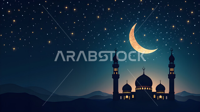 بطاقة تهنئة رمضانية مزخرفه مع رسوم للمساجد والقبب والمآذن, مناسبات و أعياد دينية اسلامية, مخطوطة رمضان كريم بالخط العربي الاصيل, عبارات ونصوص باللغه العربيه,خلفية سماء مليئة بالنجوم