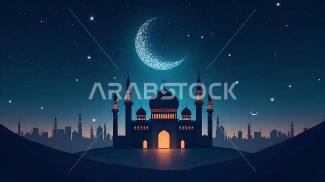 Ornate Ramadan greeting card with drawings of mosques, domes and minarets, Islamic religious occasions and holidays, Ramadan Kareem manuscript in authentic Arabic calligraphy, phrases and texts in the Arabic language, background of a sky full of stars