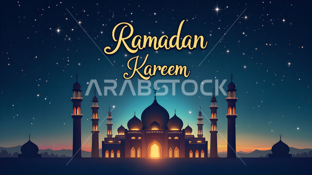 Ornate Ramadan greeting card with drawings of mosques, domes and minarets, Islamic religious occasions and holidays, Ramadan Kareem manuscript in authentic Arabic calligraphy, phrases and texts in the Arabic language, background of a sky full of stars