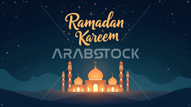 بطاقة تهنئة رمضانية مزخرفه مع رسوم للمساجد والقبب والمآذن, مناسبات و أعياد دينية اسلامية, مخطوطة رمضان كريم بالخط العربي الاصيل, عبارات ونصوص باللغه العربيه,خلفية سماء مليئة بالنجوم
