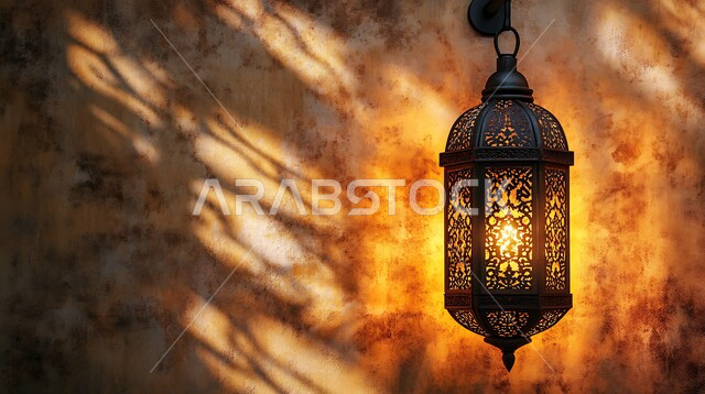 فانوس عربي معدني مزخرف مضيء معلق، أجواء رمضانية وروحانية إسلامية فوانيس وتحف وديكورات تقليدية للاحتفال بقدوم شهر رمضان المبارك، العادات والتقاليد العربية في زينة الأعياد والمناسبات الدينية