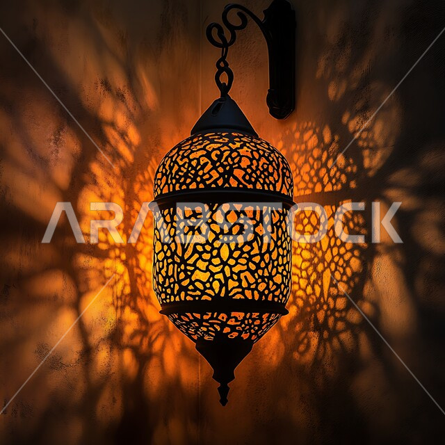 فانوس عربي معدني مزخرف مضيء معلق، أجواء رمضانية وروحانية إسلامية فوانيس وتحف وديكورات تقليدية للاحتفال بقدوم شهر رمضان المبارك، العادات والتقاليد العربية في زينة الأعياد والمناسبات الدينية