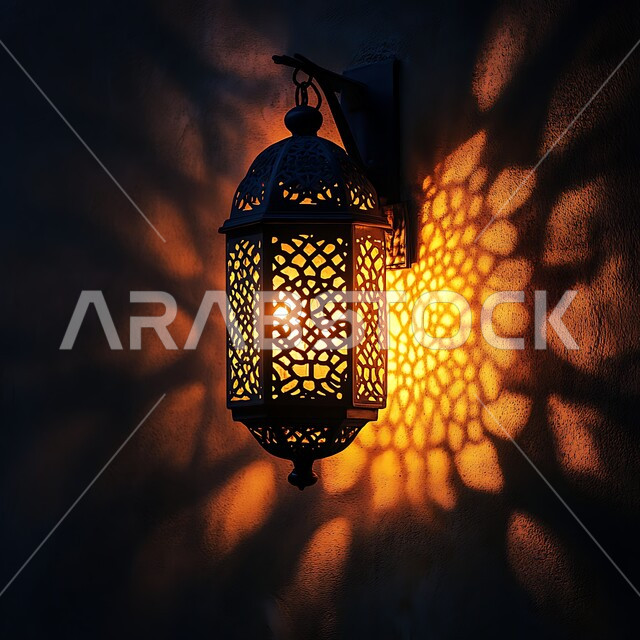 فانوس عربي معدني مزخرف مضيء معلق، أجواء رمضانية وروحانية إسلامية فوانيس وتحف وديكورات تقليدية للاحتفال بقدوم شهر رمضان المبارك، العادات والتقاليد العربية في زينة الأعياد والمناسبات الدينية
