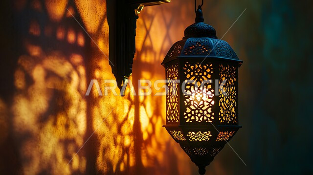 فانوس عربي معدني مزخرف مضيء معلق، أجواء رمضانية وروحانية إسلامية فوانيس وتحف وديكورات تقليدية للاحتفال بقدوم شهر رمضان المبارك، العادات والتقاليد العربية في زينة الأعياد والمناسبات الدينية