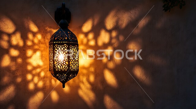 فانوس عربي معدني مزخرف مضيء معلق، أجواء رمضانية وروحانية إسلامية فوانيس وتحف وديكورات تقليدية للاحتفال بقدوم شهر رمضان المبارك، العادات والتقاليد العربية في زينة الأعياد والمناسبات الدينية