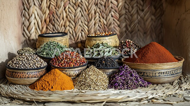 منتجات ومحاصيل زراعية وطنية محلية سعودية، الاسواق التقليدية الشعبية لبيع البهارات والعطريات، منظر لعرض التوابل الملونة والمتنوعة، منكهات وملونات طبيعية للمأكولات والأطعمة, نباتات ذات فوائد صحية وعلاجية