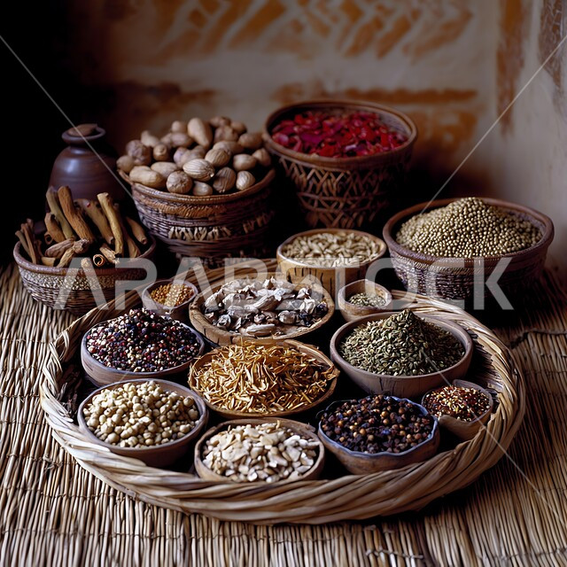 منتجات ومحاصيل زراعية وطنية محلية سعودية، الاسواق التقليدية الشعبية لبيع البهارات والعطريات، منظر لعرض التوابل الملونة والمتنوعة، منكهات وملونات طبيعية للمأكولات والأطعمة, نباتات ذات فوائد صحية وعلاجية