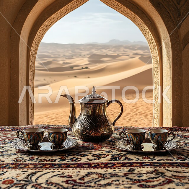 دله قهوة عربية شرقية مع فناجين زجاجية مزخرفة على قطعة قماش شعبية في المناطق الصحراوية , جلسة شعبية في صحراء المملكة العربية السعودية, تقديم المشروبات الساخنة, الققم والمرتفعات الجبلية