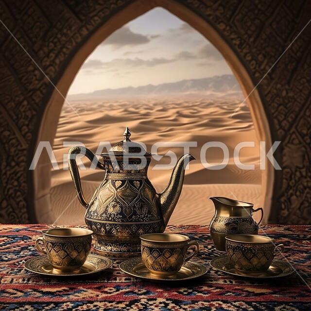 دله قهوة عربية شرقية مع فناجين زجاجية مزخرفة على قطعة قماش شعبية في المناطق الصحراوية , جلسة شعبية في صحراء المملكة العربية السعودية, تقديم المشروبات الساخنة, الققم والمرتفعات الجبلية