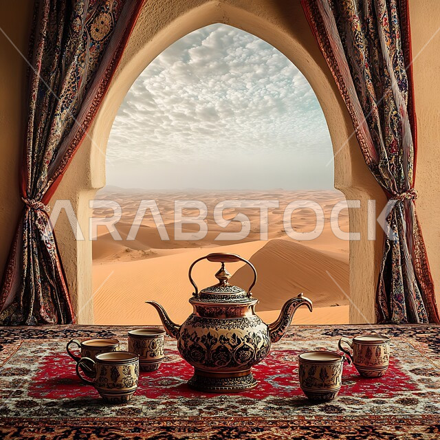 دله قهوة عربية شرقية مع فناجين زجاجية مزخرفة على قطعة قماش شعبية في المناطق الصحراوية , جلسة شعبية في صحراء المملكة العربية السعودية, تقديم المشروبات الساخنة, الققم والمرتفعات الجبلية