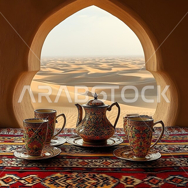 دله قهوة عربية شرقية مع فناجين زجاجية مزخرفة على قطعة قماش شعبية في المناطق الصحراوية , جلسة شعبية في صحراء المملكة العربية السعودية, تقديم المشروبات الساخنة, الققم والمرتفعات الجبلية