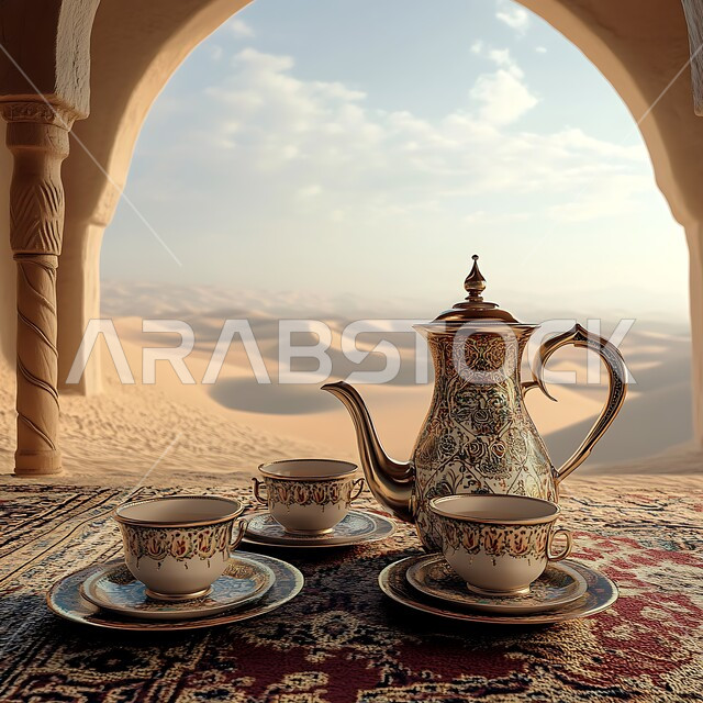 دله قهوة عربية شرقية مع فناجين زجاجية مزخرفة على قطعة قماش شعبية في المناطق الصحراوية , جلسة شعبية في صحراء المملكة العربية السعودية, تقديم المشروبات الساخنة, الققم والمرتفعات الجبلية