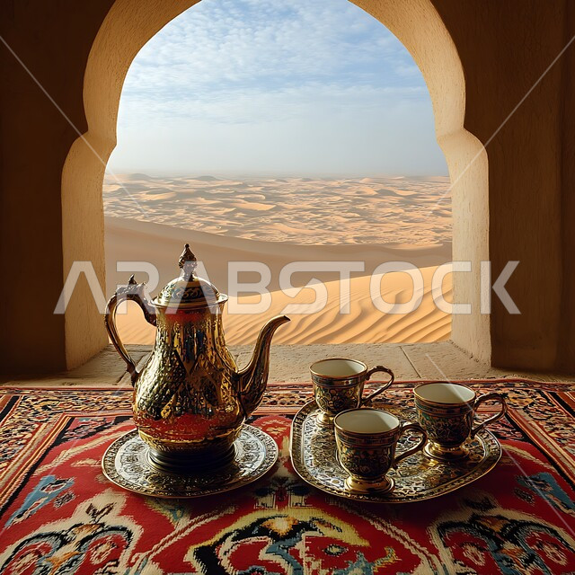 دله قهوة عربية شرقية مع فناجين زجاجية مزخرفة على قطعة قماش شعبية في المناطق الصحراوية , جلسة شعبية في صحراء المملكة العربية السعودية, تقديم المشروبات الساخنة, الققم والمرتفعات الجبلية