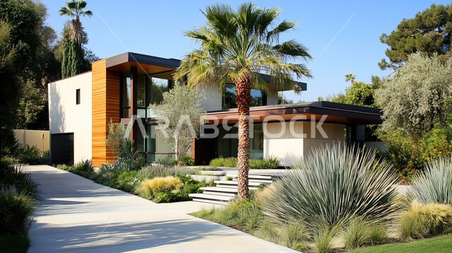 الاهتمام بزراعة النباتات والأشجار في حديقة المنزل, الديكورات الخارجية المتميزة, التصاميم العصرية على الطراز الحديث, الفن الهندسي المعماري والتصميم المتطور للفلل السكنية في المملكة العربية السعودية