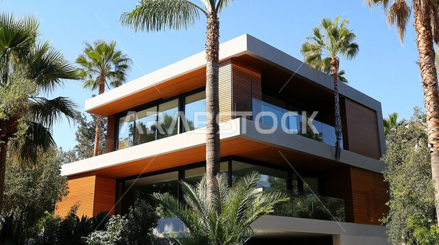 الاهتمام بزراعة النباتات والأشجار في حديقة المنزل, الديكورات الخارجية المتميزة, التصاميم العصرية على الطراز الحديث, الفن الهندسي المعماري والتصميم المتطور للفلل السكنية في المملكة العربية السعودية, الواجهات الزجاجية والنوافذ الكبيرة