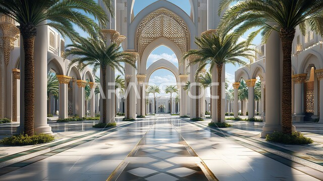 التصاميم المميزة للأعمدة والأقواس المزخرفة, الاهتمام بزراعة أشجار النخيل, الفن الهندسي المعماري للبناء على الطراز العربي الإسلامي, النقوش والزخرفات الإسلامية التقليدية