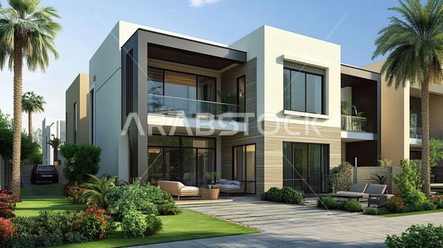 الواجهات الزجاجية والنوافذ الكبيرة, الاهتمام بزراعة النباتات والأشجار في حديقة المنزل, الديكورات الخارجية المتميزة, التصاميم العصرية على الطراز الحديث, الفن الهندسي المعماري والتصميم المتطور للفلل السكنية في المملكة العربية السعودية