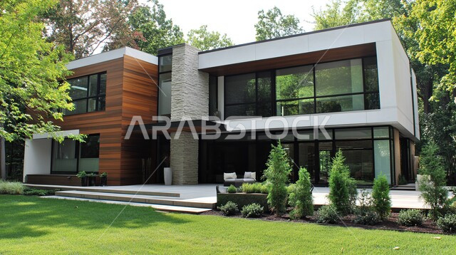 الاهتمام بزراعة النباتات والأشجار في حديقة المنزل, الديكورات الخارجية المتميزة, التصاميم العصرية على الطراز الحديث, الفن الهندسي المعماري والتصميم المتطور للفلل السكنية في المملكة العربية السعودية, الواجهات الزجاجية والنوافذ الكبيرة