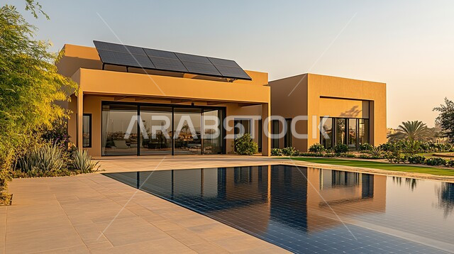 الاهتمام بزراعة النباتات والأشجار في حديقة المنزل, الديكورات الخارجية المتميزة, التصاميم العصرية على الطراز الحديث, الفن الهندسي المعماري والتصميم المتطور للفلل السكنية في المملكة العربية السعودية, الواجهات الزجاجية والنوافذ الكبيرة