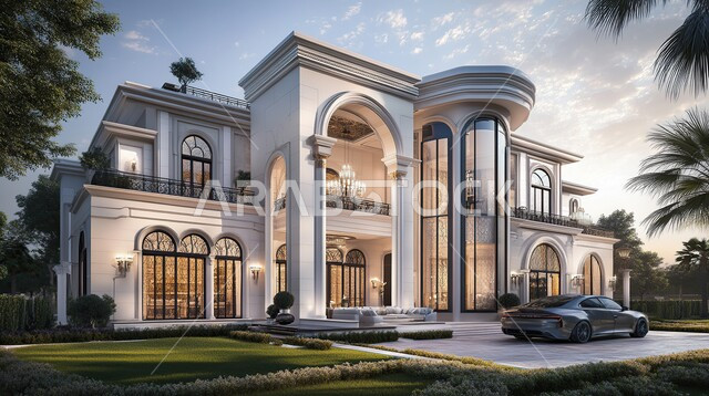 Interest in planting plants and trees in the home garden, distinctive exterior decorations, modern designs in a modern style, architectural engineering art and advanced design of residential villas in the Kingdom of Saudi Arabia, glass facades and large windows