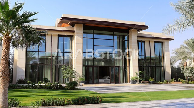 الديكورات الخارجية المتميزة, التصاميم العصرية على الطراز الحديث, الفن الهندسي المعماري والتصميم المتطور للفلل السكنية في المملكة العربية السعودية، الواجهات الزجاجية والنوافذ الكبيرة, الاهتمام بزراعة النباتات والأشجار في حديقة المنزل