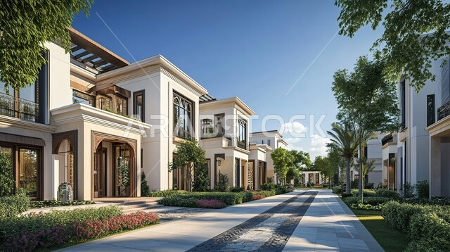 Distinctive exterior designs, modern contemporary decorations, modern architectural engineering art, advanced design of residential villas in the Kingdom of Saudi Arabia, large glass windows and facades, interest in planting trees and ornamental plants in home gardens