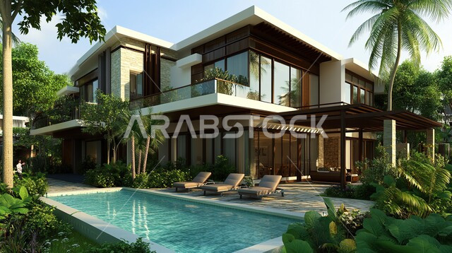 الديكورات والتصاميم الخارجية الحديثة لفيلا فاخرة مع حوض سباحة، الفن الهندسي المعماري على الطراز الحديث للفلل السكنية في المملكة العربية السعودية، الاهتمام في زراعة النباتات الخضراء في حديقة المنزل