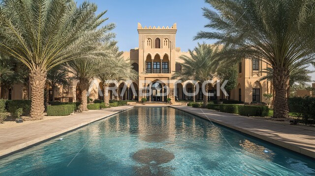 الديكورات والتصاميم الخارجية الحديثة لفيلا فاخرة مع حوض سباحة، الفن الهندسي المعماري على الطراز الحديث للفلل السكنية في المملكة العربية السعودية، الاهتمام في زراعة النباتات الخضراء في حديقة المنزل