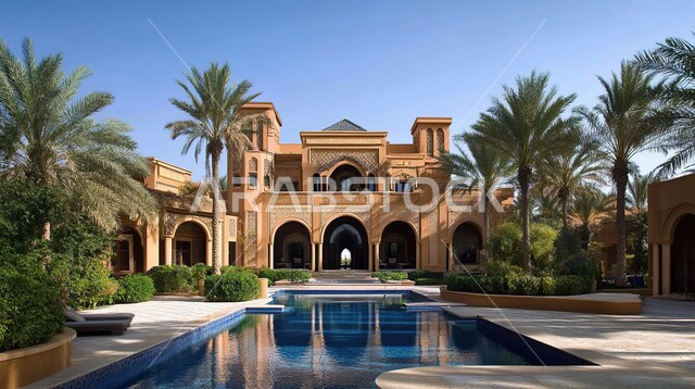 الديكورات والتصاميم الخارجية الحديثة لفيلا فاخرة مع حوض سباحة، الفن الهندسي المعماري على الطراز الحديث للفلل السكنية في المملكة العربية السعودية، الاهتمام في زراعة النباتات الخضراء في حديقة المنزل