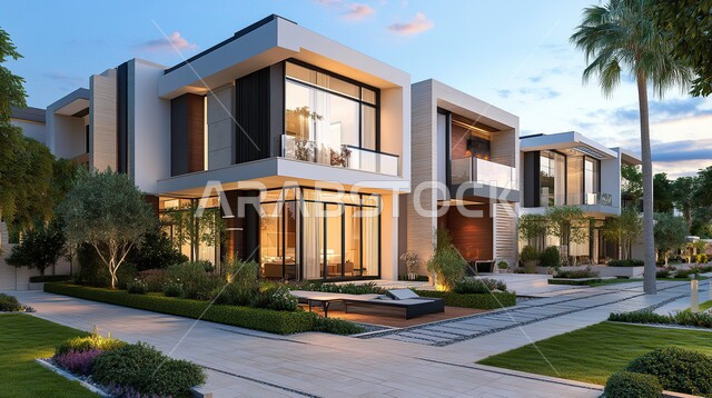 النوافذ والواجهات الزجاجية, الاهتمام بزراعة الأشجار ونباتات الزينة في حدائق المنازل, التصاميم الخارجية المتميزة, الديكورات العصرية الحديثة, الفن الهندسي المعماري على الطراز الحديث, التصميم المتطور للفلل السكنية في المملكة العربية السعودية