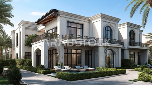 الفن الهندسي المعماري على الطراز الحديث, التصميم المتطور للفلل السكنية في المملكة العربية السعودية, النوافذ والواجهات الزجاجية الكبيرة, الاهتمام بزراعة الأشجار ونباتات الزينة في حدائق المنازل, التصاميم الخارجية المتميزة, الديكورات العصرية الحديثة