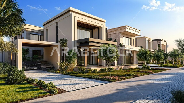 النوافذ والواجهات الزجاجية, الاهتمام بزراعة الأشجار ونباتات الزينة في حدائق المنازل, التصاميم الخارجية المتميزة, الديكورات العصرية الحديثة, الفن الهندسي المعماري على الطراز الحديث, التصميم المتطور للفلل السكنية في المملكة العربية السعودية