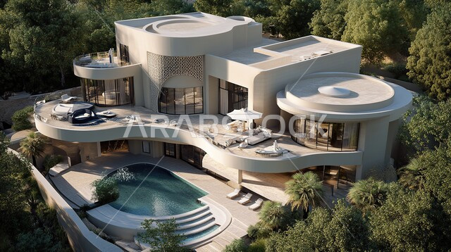 الديكورات والتصاميم الخارجية الحديثة لفيلا فاخرة مع حوض سباحة، الفن الهندسي المعماري على الطراز الحديث للفلل السكنية في المملكة العربية السعودية، الاهتمام في زراعة النباتات الخضراء في حديقة المنزل