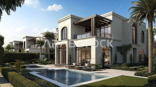 الديكورات والتصاميم الخارجية الحديثة لفيلا فاخرة مع حوض سباحة، الفن الهندسي المعماري على الطراز الحديث للفلل السكنية في المملكة العربية السعودية، الاهتمام في زراعة النباتات الخضراء في حديقة المنزل