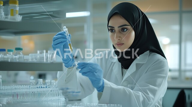 استخدام الأنبوب الزجاجي لتحليل العينات, إجراء التجارب والبحوث العلمية, مفهوم التكنولوجيا الحيوية, مختبرات التحاليل والفحوصات الطبية، صورة مقربة لمخبرية عربية خليجية سعودية ترتدي المعطف الأبيض والقفازات تقطر السائل من الماصة إلى أنبوب الاختبار