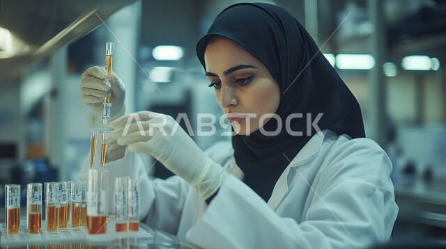 مختبرات التحاليل والفحوصات الطبية، استخدام الأنبوب الزجاجي لتحليل العينات, إجراء التجارب والبحوث العلمية, مفهوم التكنولوجيا الحيوية، صورة مقربة لمخبرية عربية خليجية سعودية ترتدي المعطف الأبيض والقفازات تقطر السائل من الماصة إلى أنبوب الاختبار