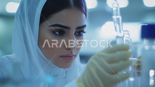 مفهوم التكنولوجيا الحيوية, إجراء التجارب والبحوث العلمية, مختبرات التحاليل والفحوصات الطبية, استخدام الأنبوب الزجاجي لتحليل العينات، صورة مقربة لمخبرية عربية خليجية سعودية ترتدي المعطف الأبيض والقفازات تقطر السائل من الماصة إلى أنبوب الاختبار