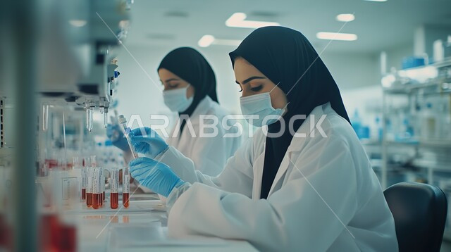 استخدام الأنبوب الزجاجي لتحليل العينات, إجراء التجارب والبحوث العلمية, مفهوم التكنولوجيا الحيوية, مختبرات التحاليل والفحوصات الطبية، صورة مقربة لمخبرية عربية خليجية سعودية ترتدي المعطف الأبيض والقفازات والكمامة تقطر السائل من الماصة إلى أنبوب الاختبار