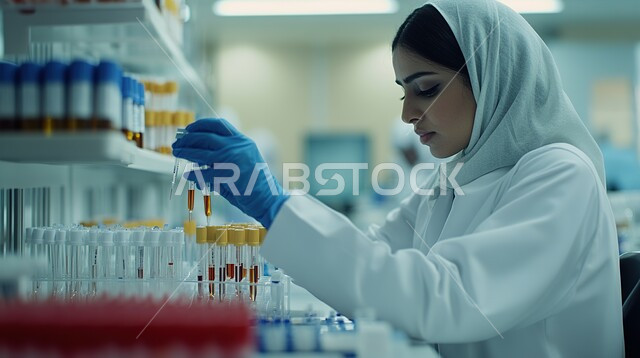 مختبرات التحاليل والفحوصات الطبية، استخدام الأنبوب الزجاجي لتحليل العينات, إجراء التجارب والبحوث العلمية, مفهوم التكنولوجيا الحيوية، صورة مقربة لمخبرية عربية خليجية سعودية ترتدي المعطف الأبيض والقفازات تقطر السائل من الماصة إلى أنبوب الاختبار