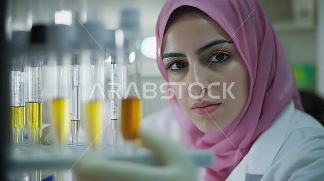 مفهوم التكنولوجيا الحيوية, إجراء التجارب والبحوث العلمية, مختبرات التحاليل والفحوصات الطبية, استخدام الأنبوب الزجاجي لتحليل العينات، صورة مقربة لمخبرية عربية خليجية سعودية محجبة ترتدي المعطف الأبيض تنظر إلى الكاميرا بإيماءات السعادة والسرور