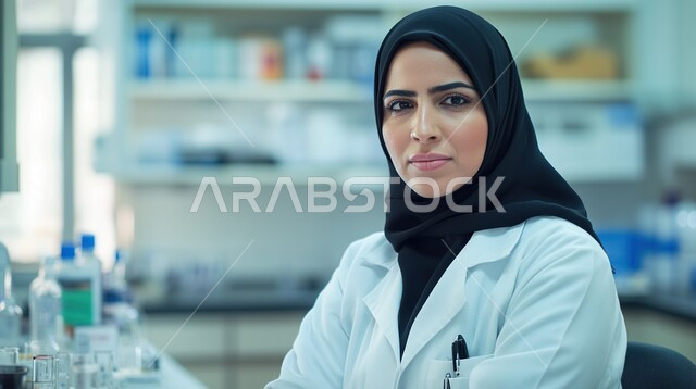 إجراء التجارب والبحوث العلمية, مفهوم التكنولوجيا الحيوية, مختبرات التحاليل والفحوصات الطبية, استخدام الأنبوب الزجاجي لتحليل العينات، صورة مقربة لمخبرية عربية خليجية سعودية محجبة ترتدي المعطف الأبيض تنظر إلى الكاميرا بإيماءات السعادة والسرور