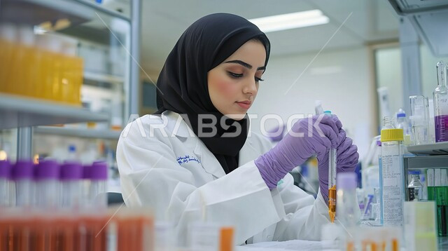 استخدام الأنبوب الزجاجي لتحليل العينات, إجراء التجارب والبحوث العلمية, مفهوم التكنولوجيا الحيوية, مختبرات التحاليل والفحوصات الطبية، صورة مقربة لمخبرية عربية خليجية سعودية ترتدي المعطف الأبيض والقفازات تقطر السائل من الماصة إلى أنبوب الاختبار