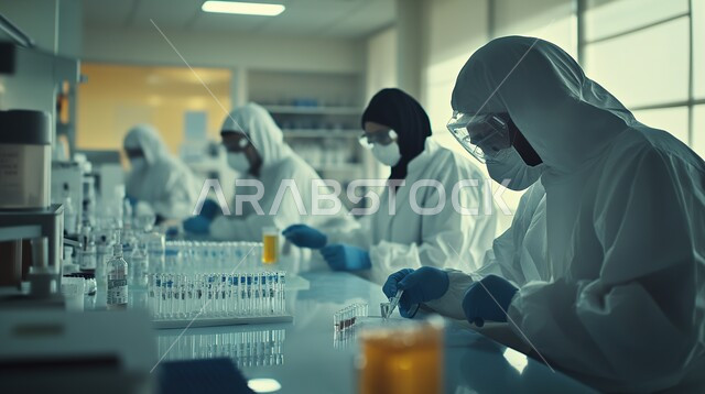 مفهوم التكنولوجيا الحيوية, إجراء التجارب والبحوث العلمية, مختبرات التحاليل والفحوصات الطبية, استخدام الأنبوب الزجاجي لتحليل العينات، صورة مقربة لمخبرية عربية خليجية سعودية ترتدي المعطف الأبيض والقفازات والكمامة تقطر السائل من الماصة إلى أنبوب الاختبار