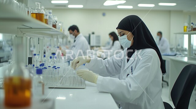 إجراء التجارب والبحوث العلمية, مفهوم التكنولوجيا الحيوية, مختبرات التحاليل والفحوصات الطبية, استخدام الأنبوب الزجاجي لتحليل العينات، صورة مقربة لمخبرية عربية خليجية سعودية ترتدي المعطف الأبيض والقفازات والكمامة تقطر السائل من الماصة إلى أنبوب الاختبار