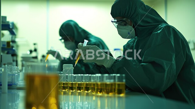 استخدام الأنبوب الزجاجي لتحليل العينات, إجراء التجارب والبحوث العلمية, مفهوم التكنولوجيا الحيوية, مختبرات التحاليل والفحوصات الطبية، صورة مقربة لمخبرية عربية خليجية سعودية ترتدي المعطف الأبيض والقفازات والكمامة تقطر السائل من الماصة إلى أنبوب الاختبار