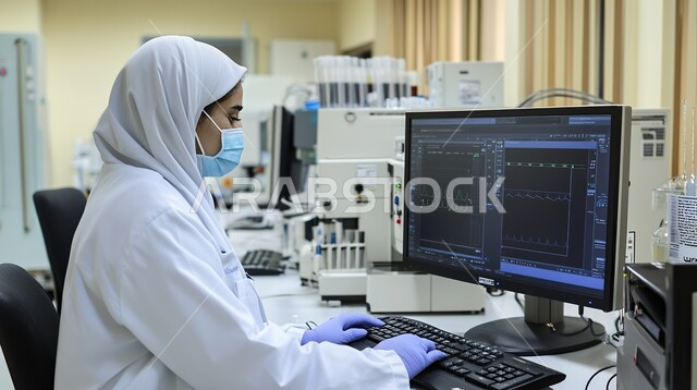 دمج التقنيات الحديثة والمتطورة بالمجال الطبي, إجراء التجارب والبحوث العلمية, مفهوم التكنولوجيا الحيوية, مختبرات التحاليل والفحوصات الطبية، صورة مقربة لمخبرية عربية خليجية سعودية ترتدي المعطف الطبي والكمامة تعمل على جهاز الحاسوب