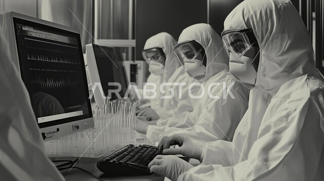 دمج التقنيات الحديثة والمتطورة بالمجال الطبي, إجراء التجارب والبحوث العلمية, مفهوم التكنولوجيا الحيوية, مختبرات التحاليل والفحوصات الطبية، صورة مقربة لمخبرية عربية خليجية سعودية ترتدي المعطف الطبي والكمامة تعمل على جهاز الحاسوب