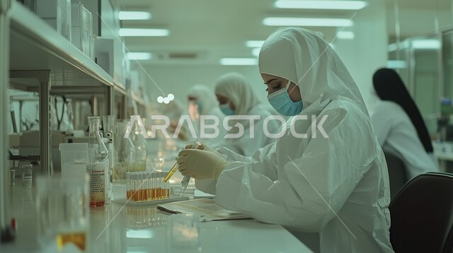 مختبرات التحاليل والفحوصات الطبية، استخدام الأنبوب الزجاجي لتحليل العينات, إجراء التجارب والبحوث العلمية, مفهوم التكنولوجيا الحيوية، صورة مقربة لمخبرية عربية خليجية سعودية ترتدي المعطف الأبيض والقفازات والكمامة تقطر السائل من الماصة إلى أنبوب الاختبار